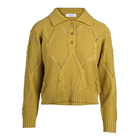 Naadam Cashmere Blend Open Stitch Agave Green Long Sleeve Cable Knit Polo M - Picture 1 of 8